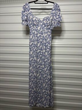 Inspired Hearts Blue and White Floral Maxi Dress with Puff Sleeves